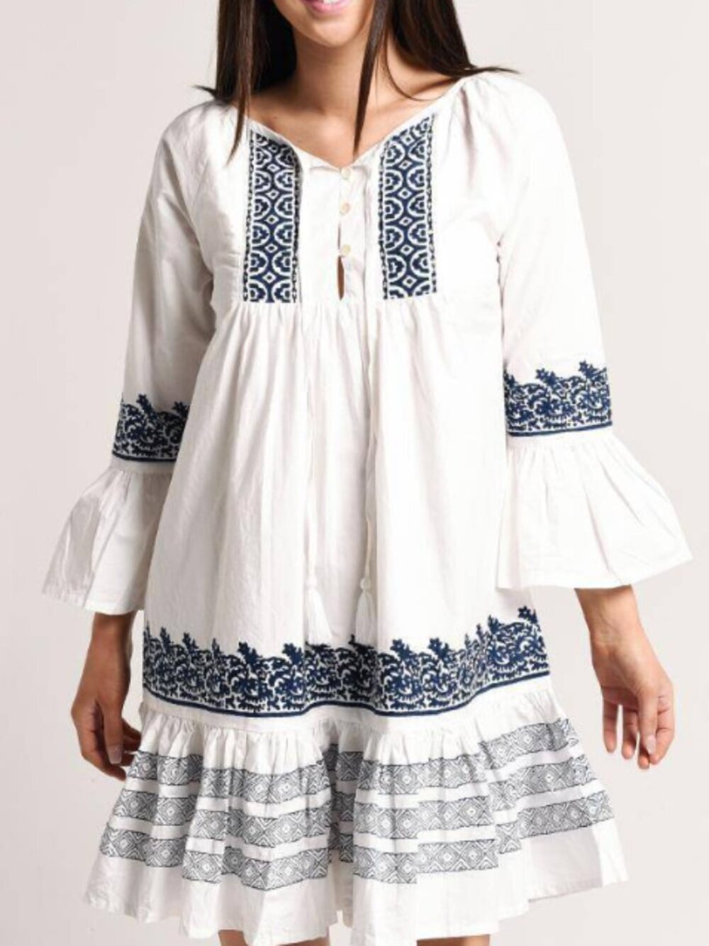 Roller Rabbit Maricruz Mona Border Dress S White Navy Block Print Boho NWOT